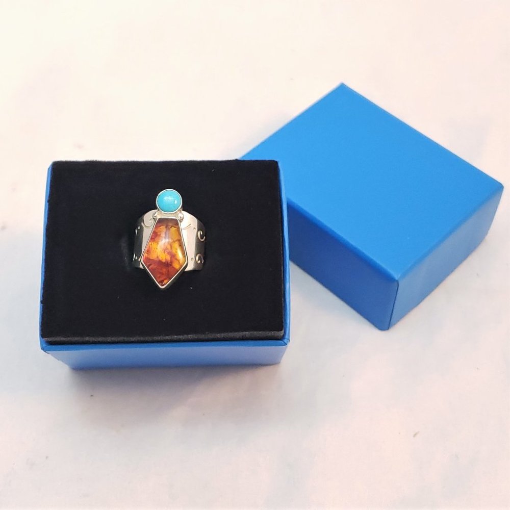 Jay King Baltic Amber & Turquoise Sterling Ring - Picture 6 of 8
